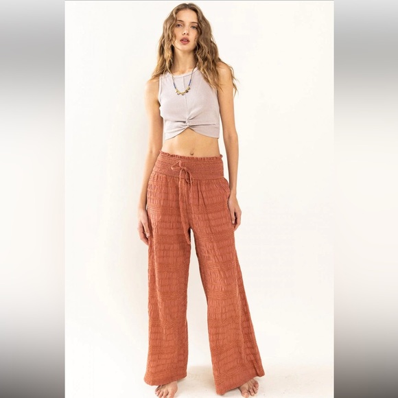 23 Boho Textured Fabric Solid Wide Pants - Picture 1 of 6